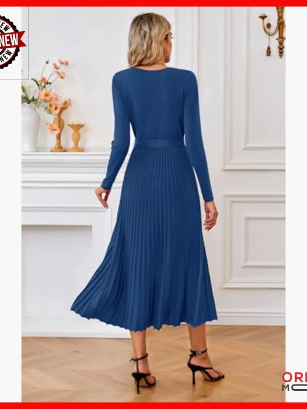 Wool Blend Tie Waist Pleated Sweater Dress Long Sleeve V Neck A Line